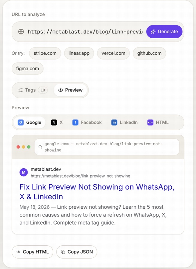 MetaBlast side-by-side preview of Google, X and Facebook cards